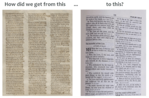 A page from an ancient Greek New Testament manuscript sits next to a page from a modern New Testament, with a question comparing them: "How did we get from this, to this?"
